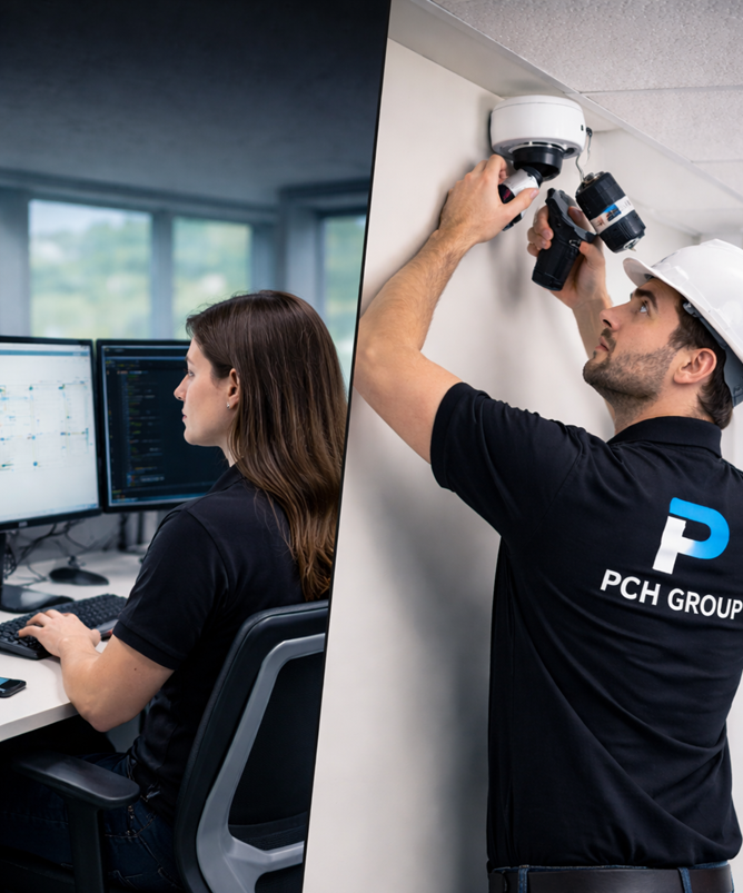 Técnicos trabajando en rack de servidores